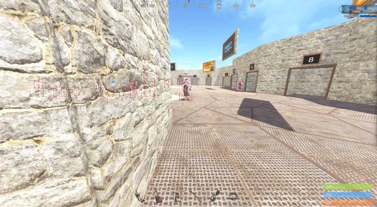 Rust aimbot and ESP tracking enemies through a wall on an arena server
