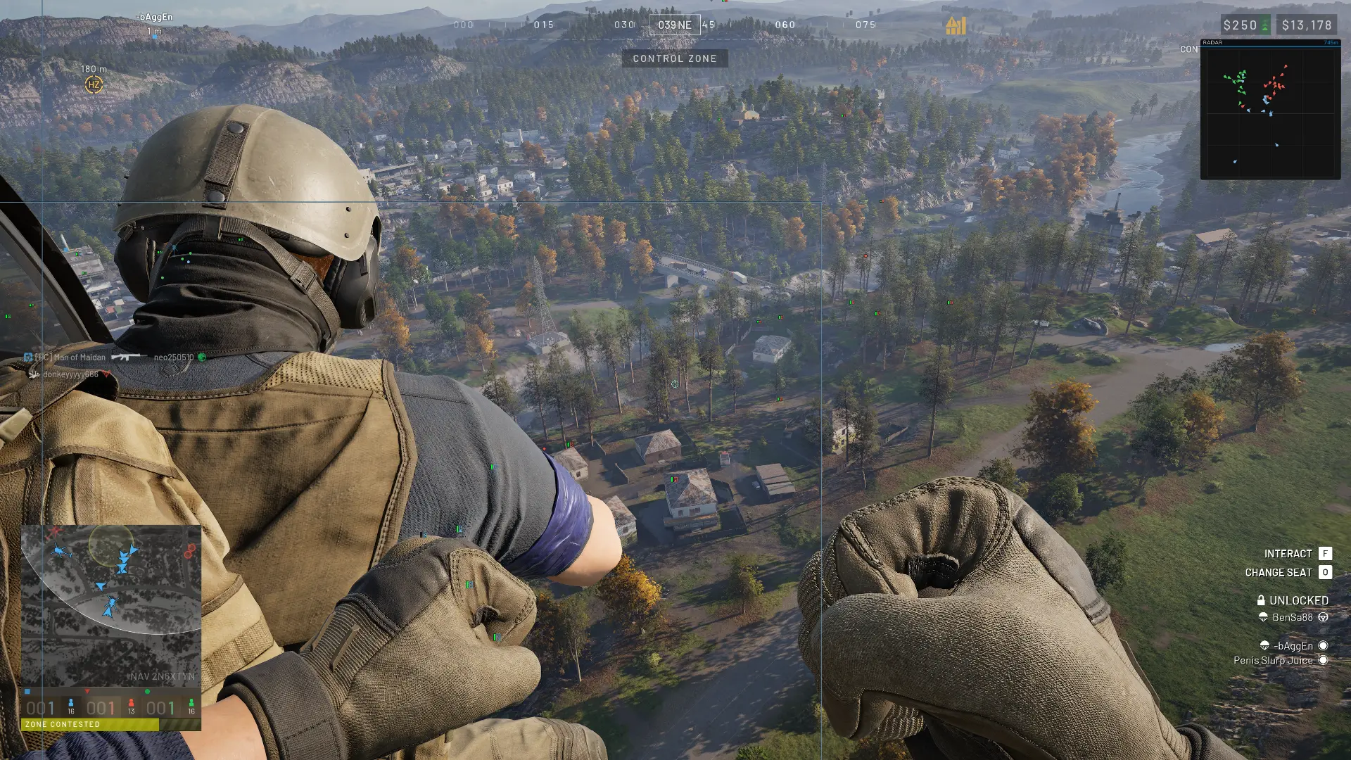 War Dogs ESP overlay showing enemy boxes and labels from a helicopter view