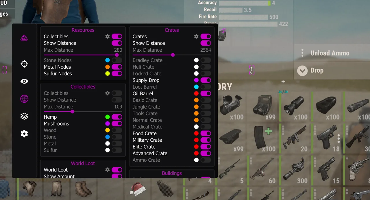 Rust cheat menu with resource, crate, loot and collectible ESP toggles
