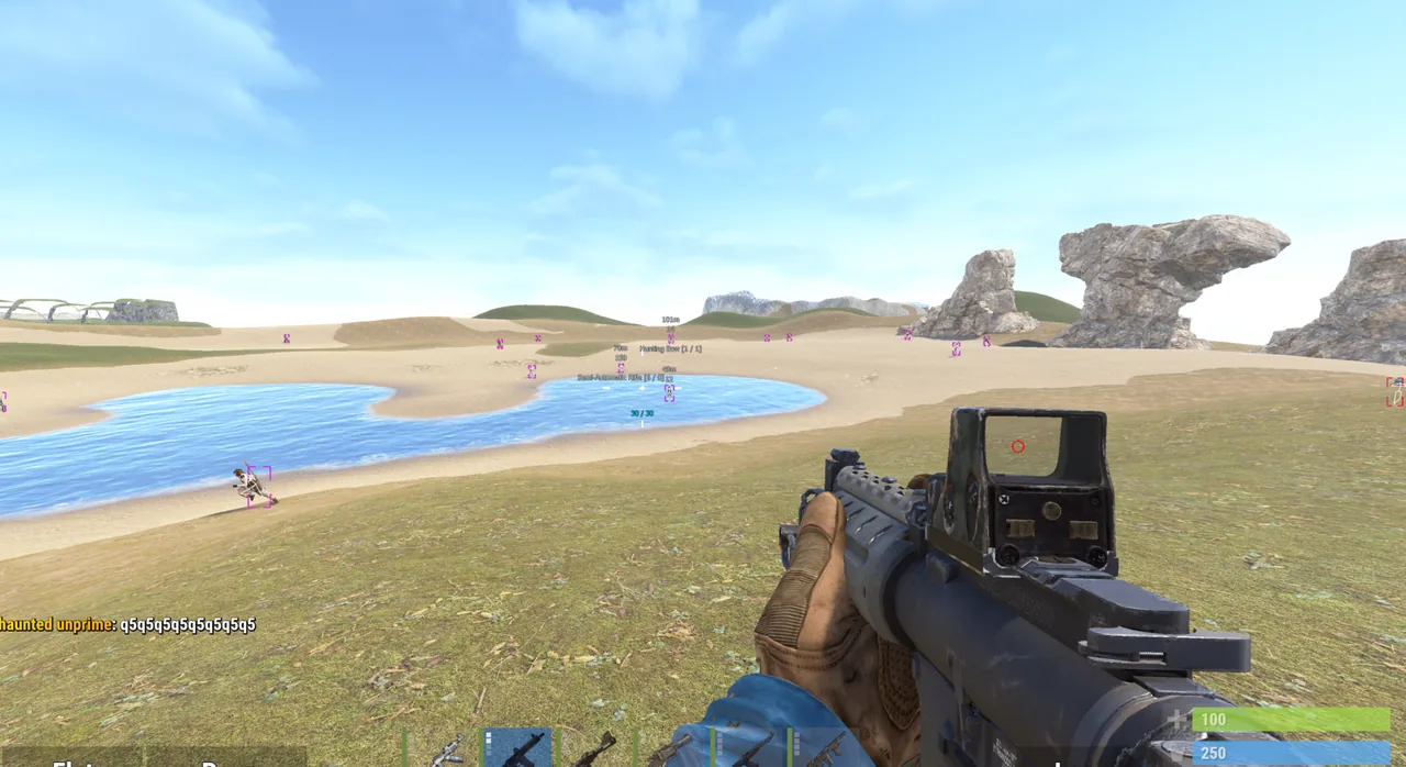 Rust ESP showing enemy players and weapons across an open beach