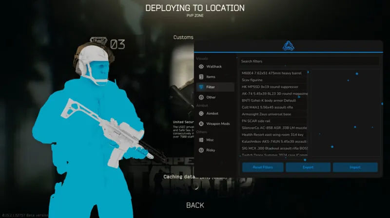Escape From Tarkov cheat menu with aimbot settings